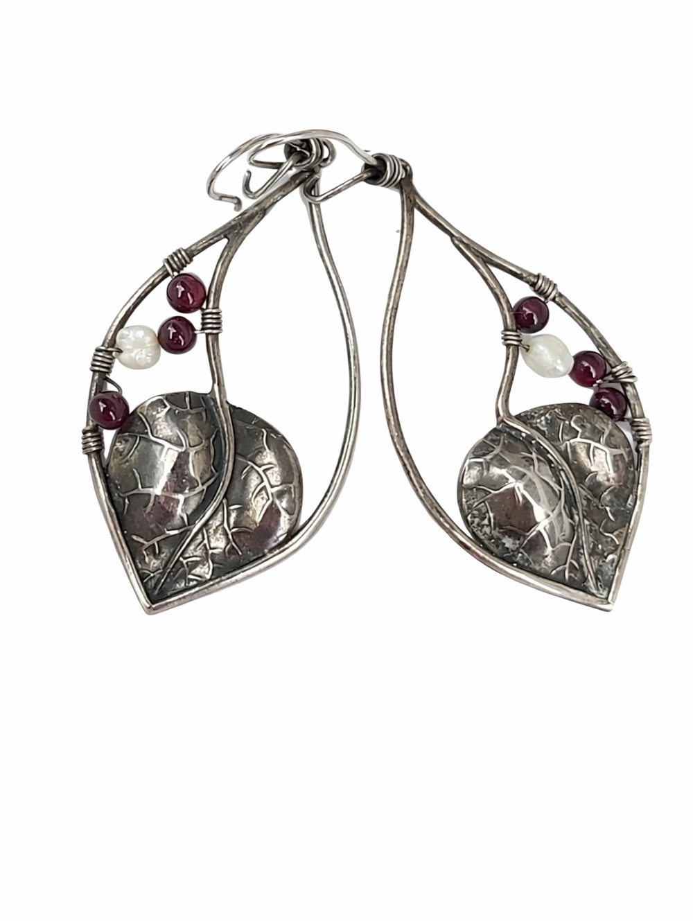 Vintage Sterling Silver Leaf Earrings Garnet Pearl Dangle Boho Artisan Earrings